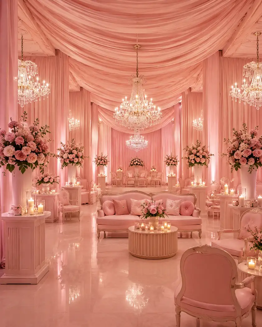 Soft pink wedding reception decor